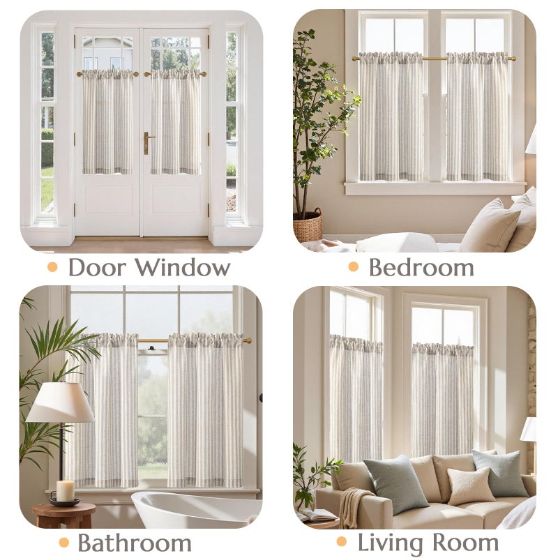 jinchan Striped Linen Kitchen Curtains 36 Inches Tier Curtains Farmhouse Modern Cafe Style Small Window Treatments Airy Light Filtering Rod Pocket for Living Room Bathroom 2 Panels Taupe Grey - Image 4
